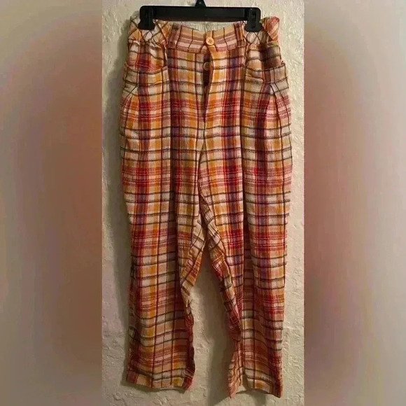 Free People Make A Stand relaxed, yellow and red plaid, wide leg pants; size M - Picture 5 of 13